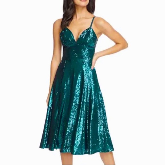 Dress The Population mimi NWT emerald green sequin midi dress with slit size XXS - Picture 1 of 4